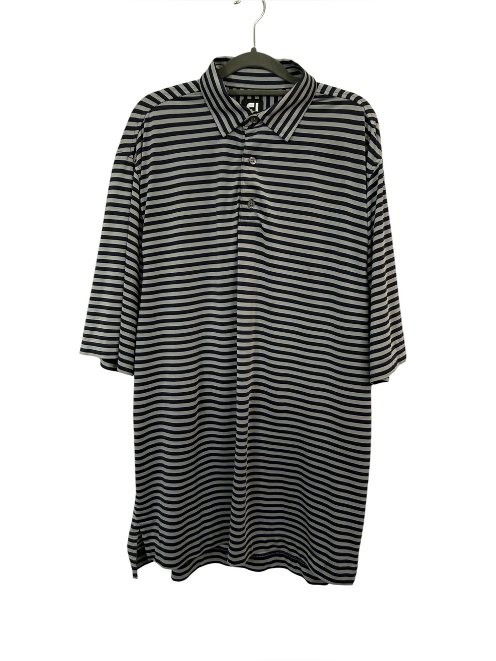 FJ Footjoy Men's Large Golf Polo Shirt Striped Navy Blue Gray Short Sleeves